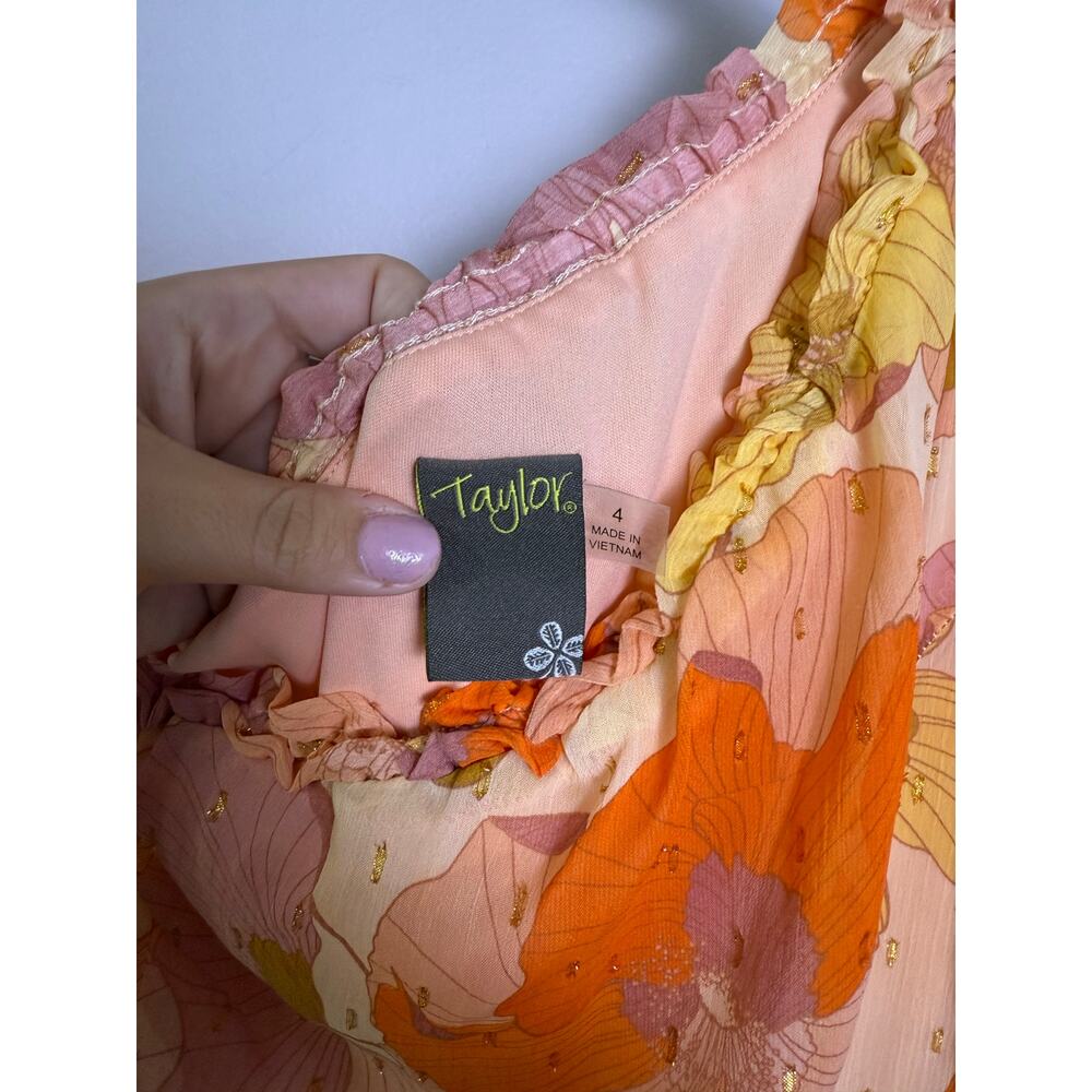 TAYLOR Floral Asymmetric One Shoulder Short Sleeve Ruffle Trim Long Sz 4 - Picture 5 of 5